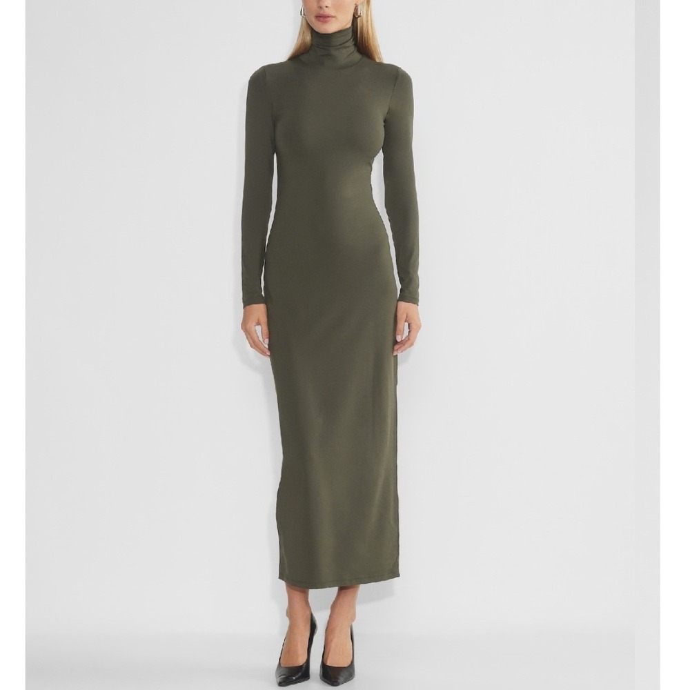 Aritzia Babaton Contour Long Sleeve Turtleneck Midi Dress Dark Olive XS NEW